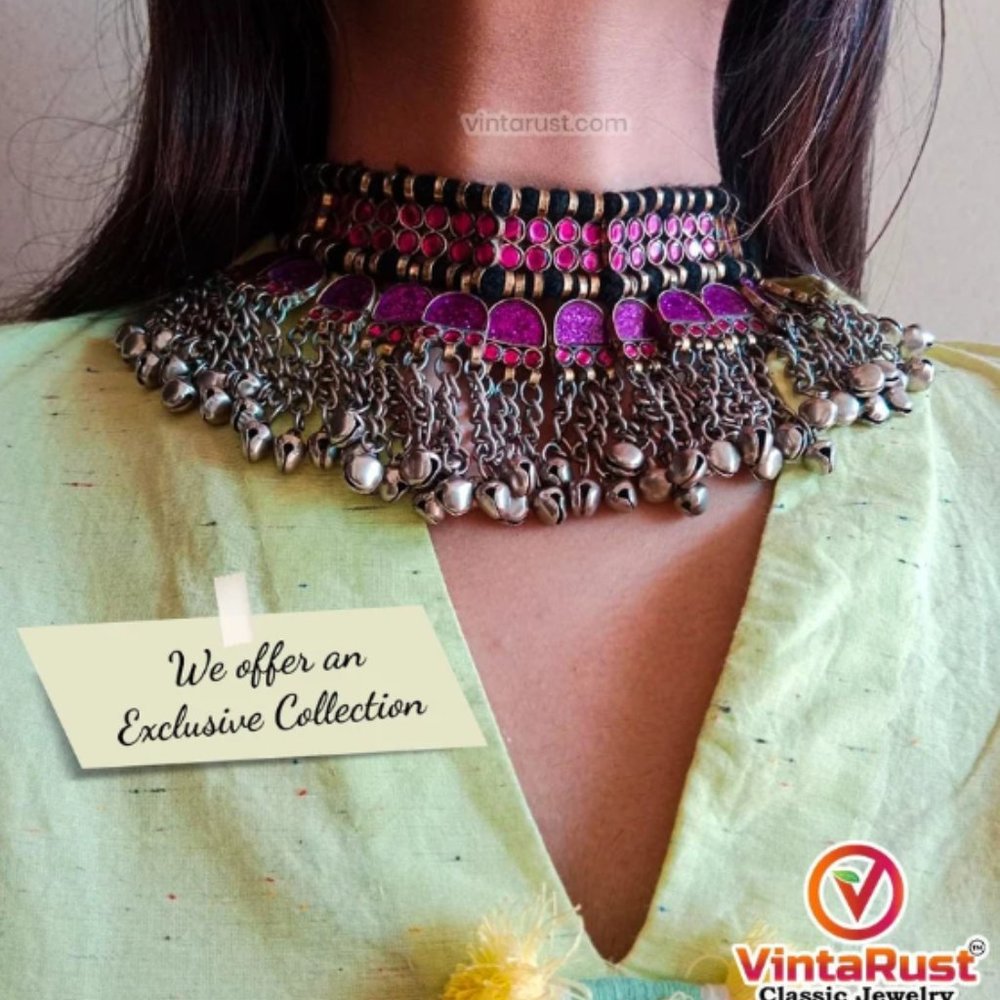 Turkmen Tribal Choker: Handmade Ethnic Necklace with Glass Stones & Bells